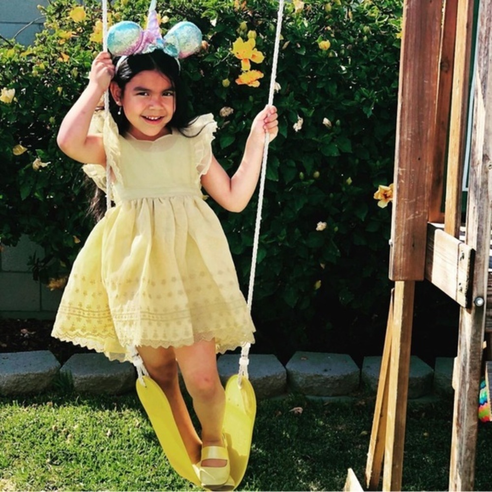 Noralee Province Dress | Ochre Yellow Lace Tulle Dress Flutter Sleeves